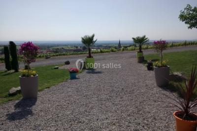 Bâtiment à un étage avec toit en tuiles, entouré de chemins, de pelouse et de vignes en arrière-plan.