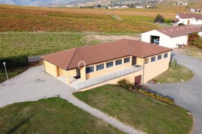 Bâtiment à un étage avec toit en tuiles, entouré de chemins, de pelouse et de vignes en arrière-plan.