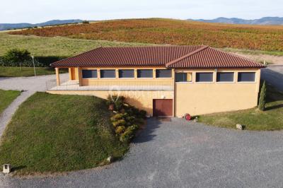 Bâtiment à un étage avec toit en tuiles, entouré de chemins, de pelouse et de vignes en arrière-plan.