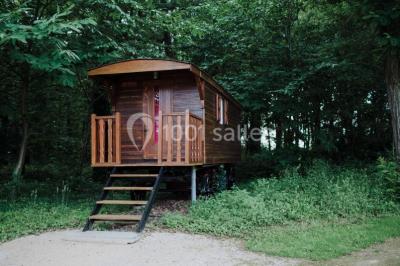 Chambre avec lit double, parquet clair, échelle en bois menant à une mezzanine, fenêtre avec rideaux et miroir debout.