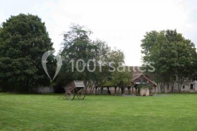 Plateaux de bouchées apéritives variées disposés sur des supports en bois dans un cadre extérieur.