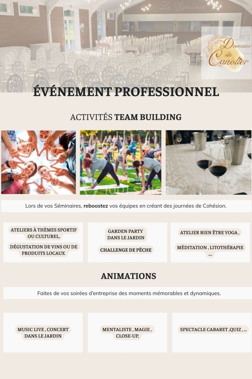 Affiche présentant des activités de team building et animations pour événements professionnels dans un cadre convivial.