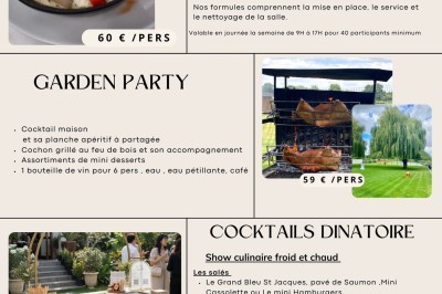 Tente blanche avec fenêtres en arc installée dans un jardin, entourée d'arbres et de pelouses sous un ciel dégagé.