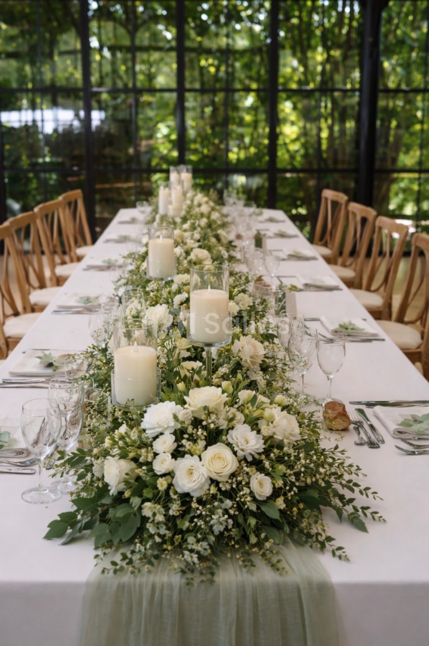 Table décorée avec des bougies blanches, fleurs et feuillages, dans une salle lumineuse avec vue sur un jardin verdoyant.