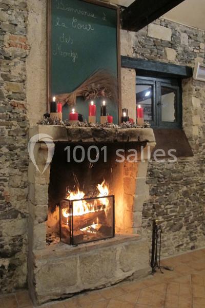 Location salle Haute-Goulaine (Loire-Atlantique) - La Cour des Montys #7 Cheminée en pierre allumée, décorée de bougies rouges sur le manteau, dans une pièce aux murs en pierre apparente.