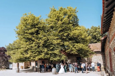 Un groupe de personnes rassemblées sous de grands arbres devant des bâtiments en pierre par une journée ensoleillée.