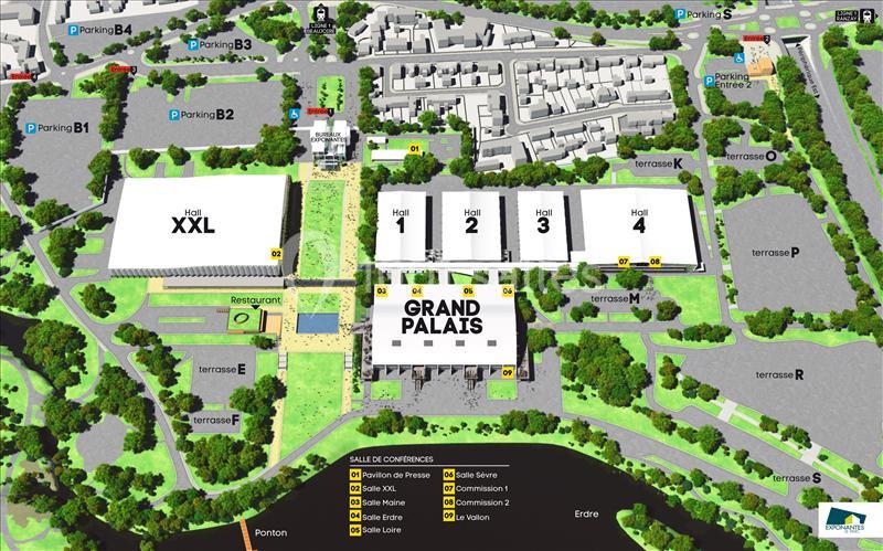 Location salle Nantes (Loire-Atlantique) - Exponantes Le Parc #11 Plan détaillé du site du Grand Palais avec halls, parkings, terrasses, salle de conférences et espaces verts.