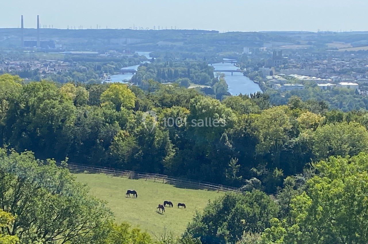 Vue d'un paysage rural avec des chevaux dans un pré, entouré de forêts, et une rivière visible à l'horizon.