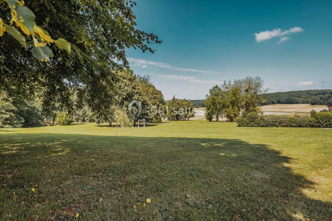 Vue d'un grand espace vert avec des arbres, un champ en arrière-plan et un ciel bleu dégagé.