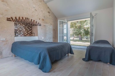 Paysage champêtre avec un arbre pleureur, des fleurs bleues au premier plan et un champ sous un ciel partiellement nuageux.