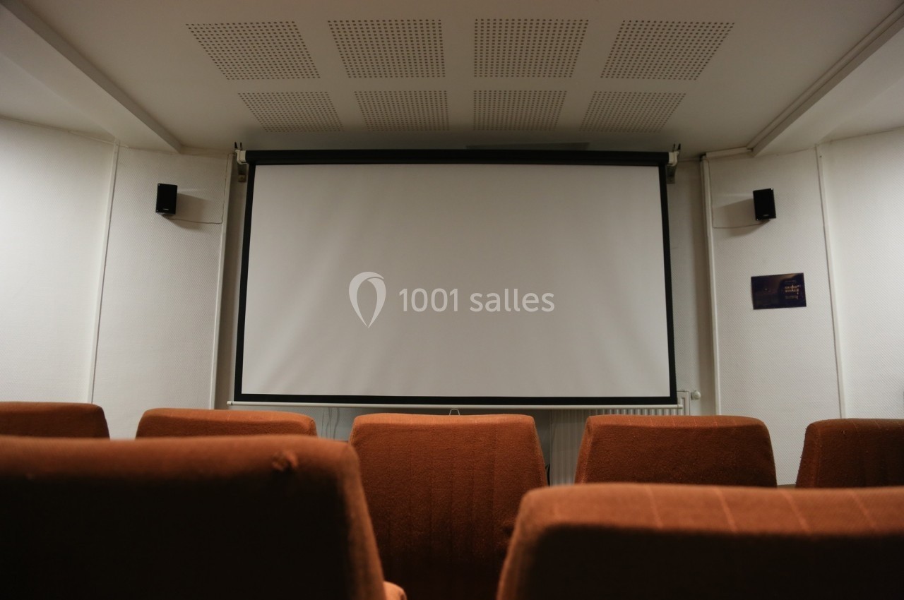 Location salle Paris 14 (Paris) - Cité Universitaire – Fondation Biermans-Lapôtre #29 Écran de projection blanc dans une petite salle équipée de fauteuils marron et de haut-parleurs muraux.