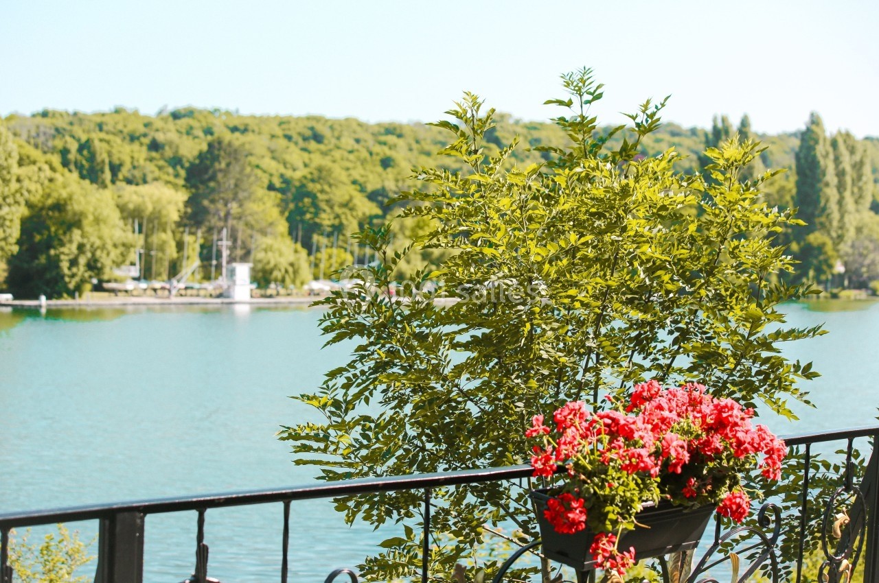 Vue sur une rivière bordée de végétation, avec des fleurs rouges en pot sur une balustrade au premier plan.