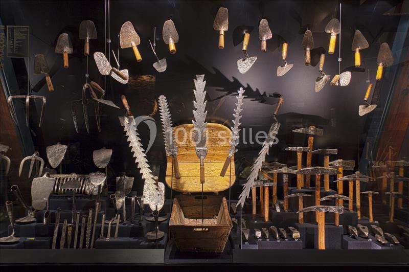 Vitrine exposant divers outils agricoles anciens en métal, incluant des houes, des faucilles et des instruments dentelés.