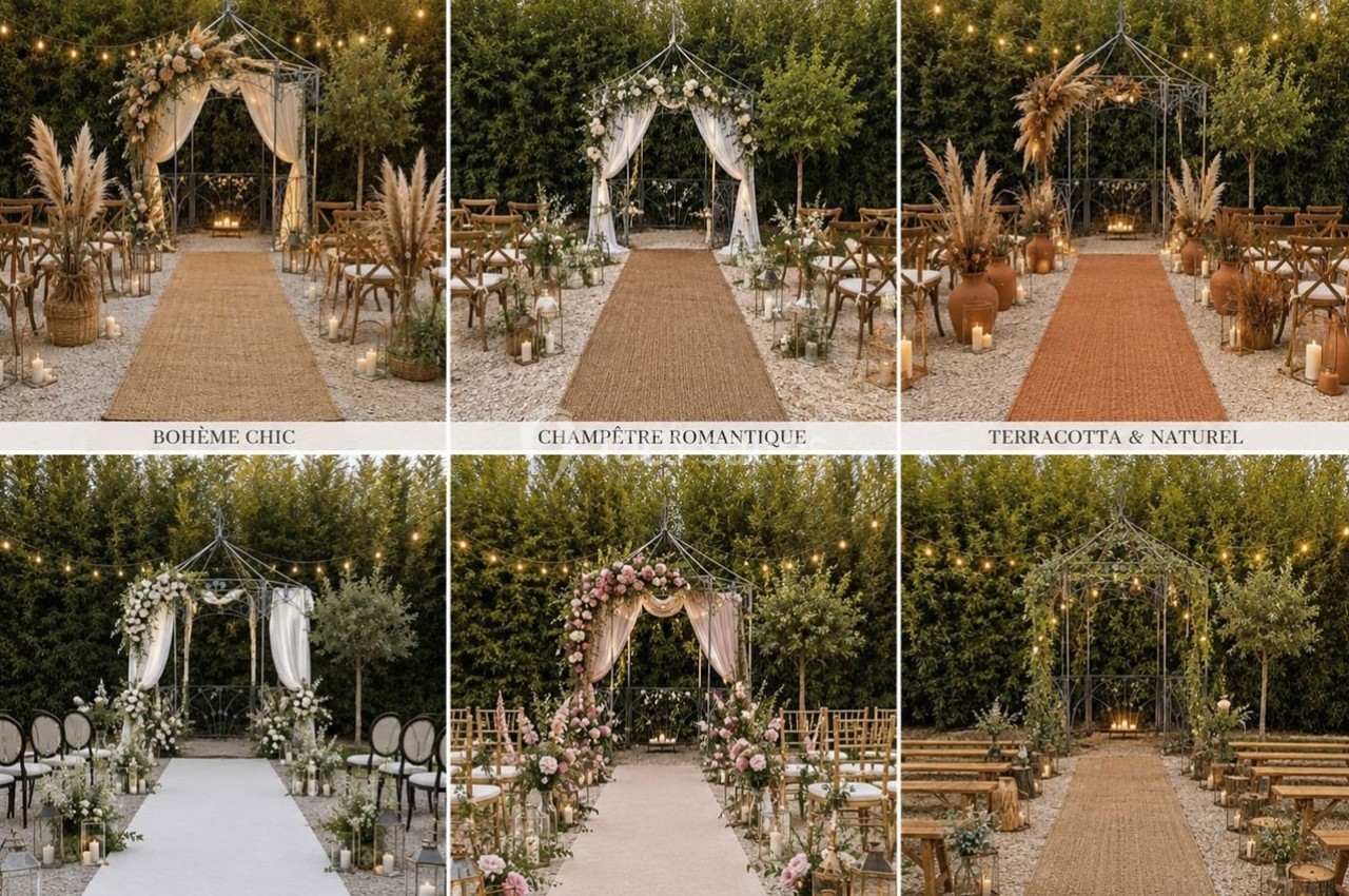 Six styles de décoration pour une cérémonie laïque en extérieur, avec arches fleuries et allées décorées.