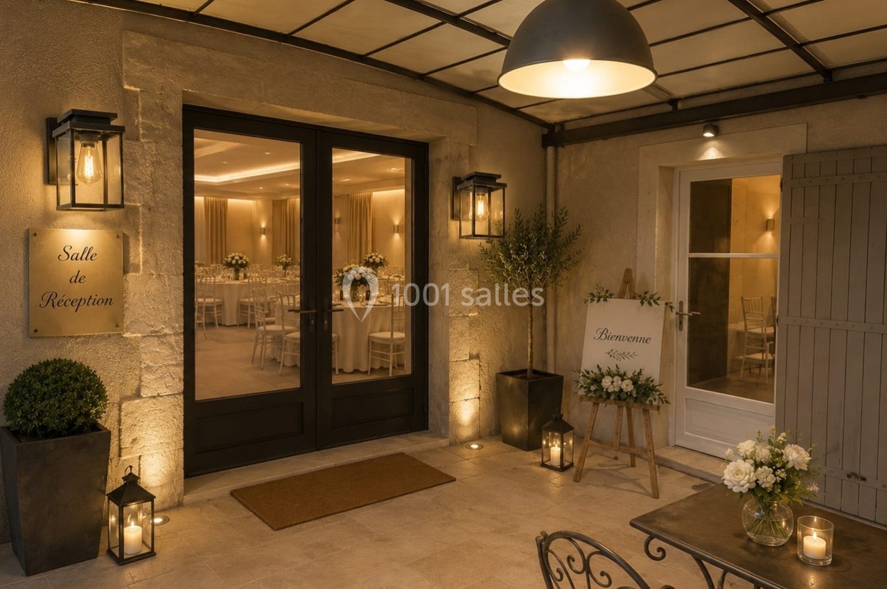 Entrée d'une salle de réception élégamment éclairée, avec des plantes, des lanternes et une décoration florale.