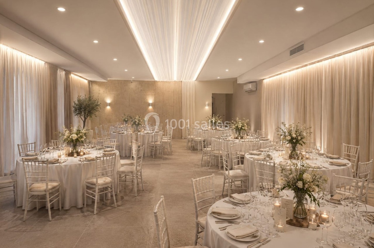 Salle de réception élégante avec tables rondes décorées de fleurs blanches et chaises en bois clair.