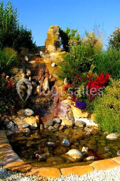 Cascade décorative entourée de plantes fleuries et se déversant dans un bassin bordé de pierres.