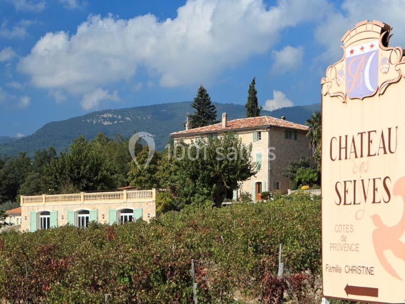 Vignoble avec un bâtiment en pierre entouré de verdure, panneau indiquant ’Château de Selves, Côtes de Provence’.