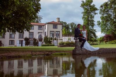 Champ de lotus en fleurs avec des feuilles vertes, des bourgeons et un étang en arrière-plan, entouré d'arbres.