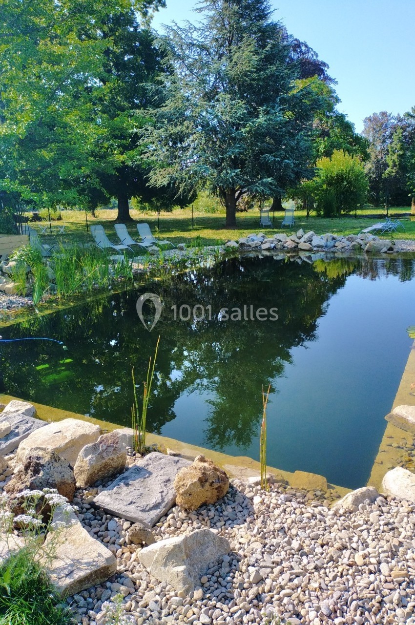 Étang naturel entouré de pierres, végétation et chaises longues sous des arbres par une journée ensoleillée.