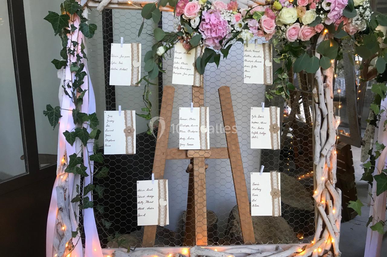 Panneau décoratif avec des cartes accrochées sur un grillage, entouré de fleurs, de lierre et de guirlandes lumineuses.