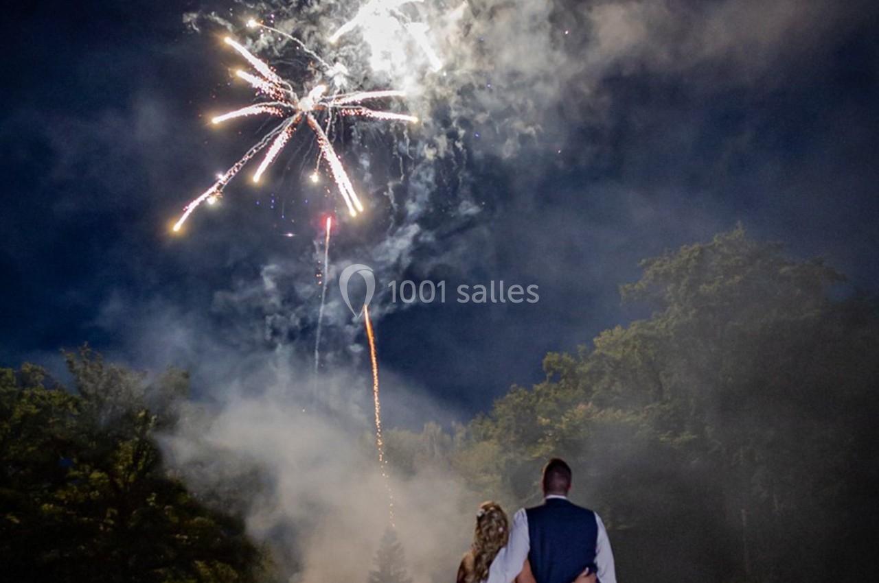 Un couple regarde un feu d'artifice illuminant le ciel nocturne au-dessus d'une zone boisée.