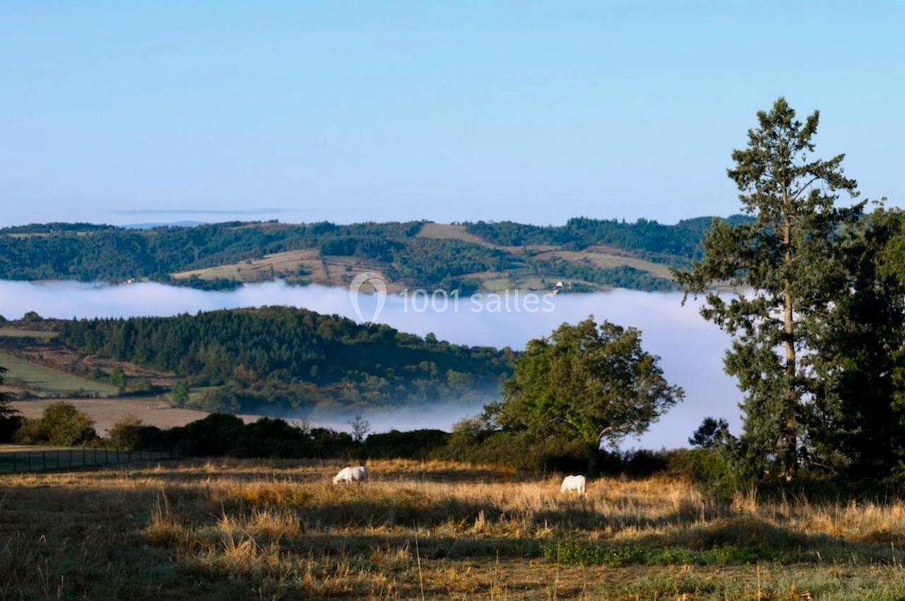 Paysage rural avec des collines boisées, une prairie au premier plan et deux vaches paissant sous un ciel dégagé.