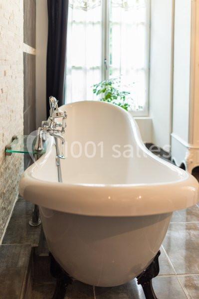 Baignoire blanche sur pieds dans une salle de bain lumineuse avec fenêtre et plante en arrière-plan.