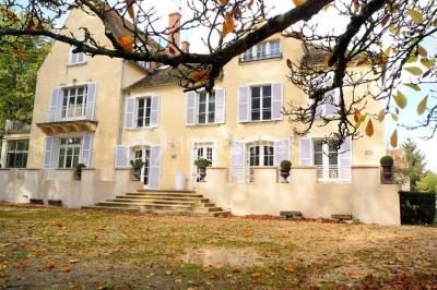 Miniature Location salle Soisy-sur-École (Essonne) - Domaine du Moulin des Noues #6 Disposition de chaises blanches en extérieur autour d'une allée menant à une petite scène sous une tente blanche.
