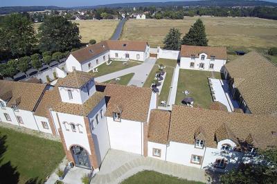 Miniature Location salle Bouray-sur-Juine (Essonne) - Domaine De Frémigny #24 Vue aérienne d'un bâtiment en forme de cour rectangulaire avec des toits en tuiles, entouré de champs et d'arbres.