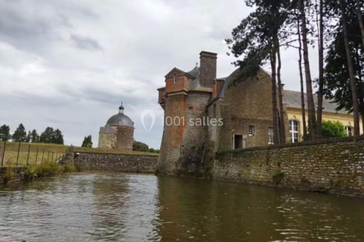 Bâtiment en briques avec une tour et un dôme, bordé par un cours d'eau et entouré d'arbres sous un ciel nuageux.