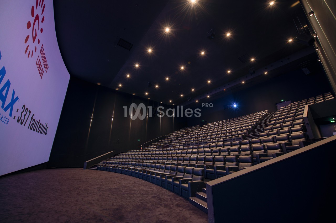 Salle de cinéma vide avec des rangées de sièges en gradins et un grand écran IMAX éclairé.