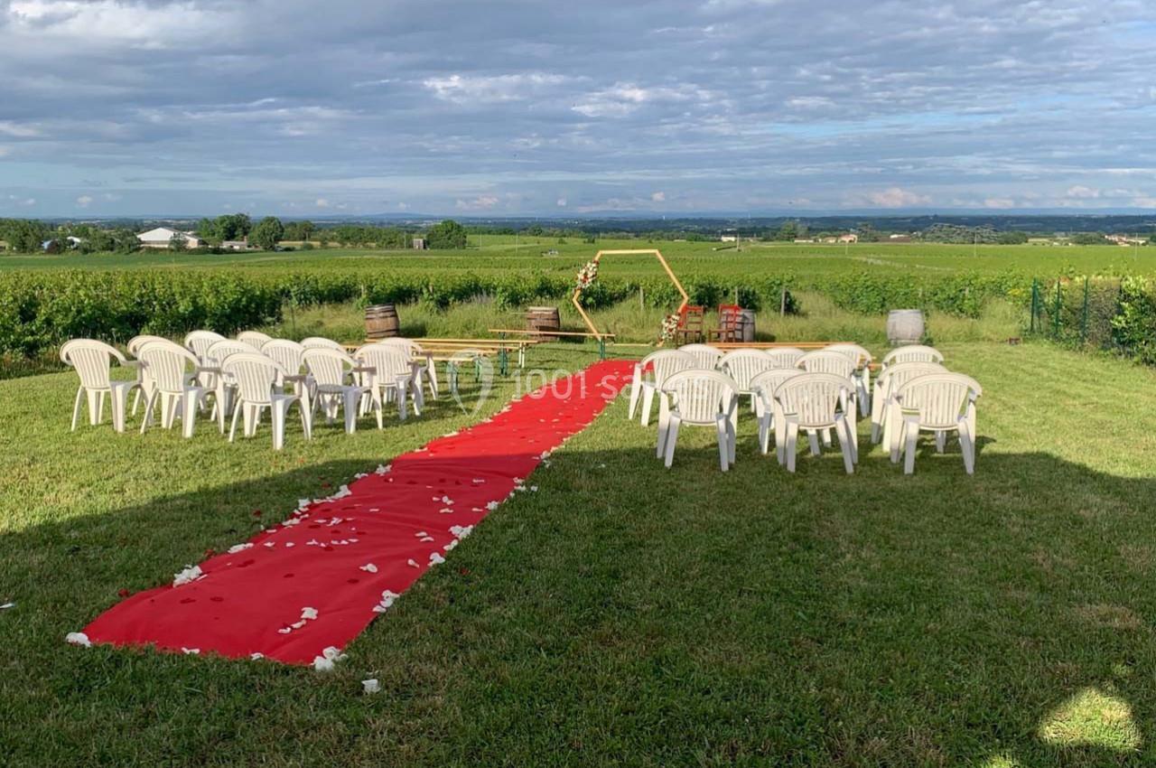Chaises blanches disposées en extérieur autour d'une allée rouge, avec vue sur des vignes et un ciel dégagé.