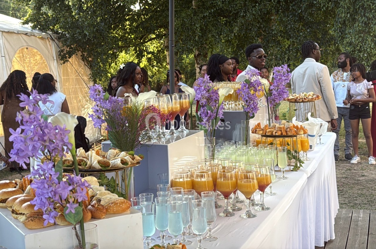 Table de buffet en extérieur avec boissons colorées, fleurs décoratives et invités discutant en arrière-plan.