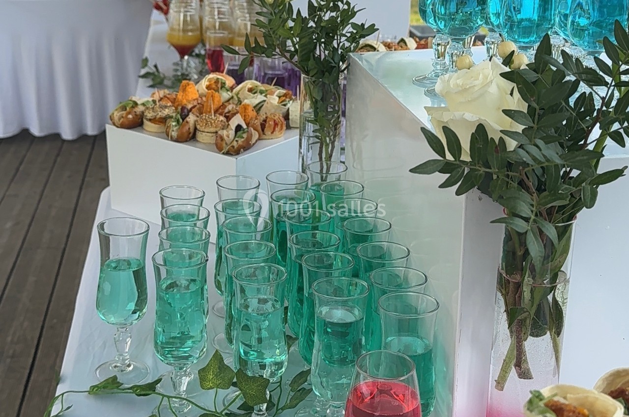 Buffet en plein air avec verrines colorées, wraps, mini-burgers et décorations végétales sur des tables blanches.