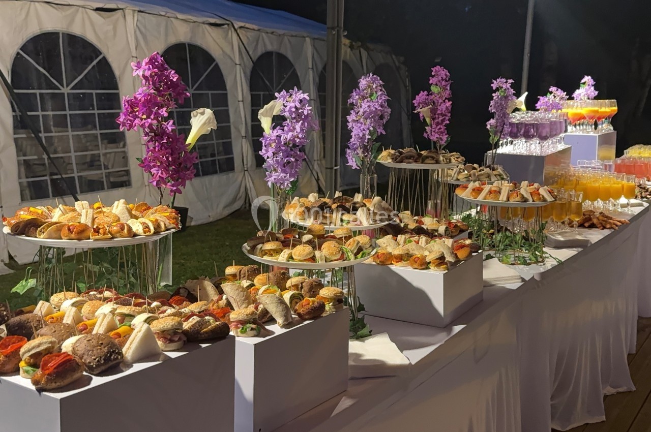 Buffet en extérieur avec une variété de sandwichs, verrines et boissons, décoré de fleurs violettes.