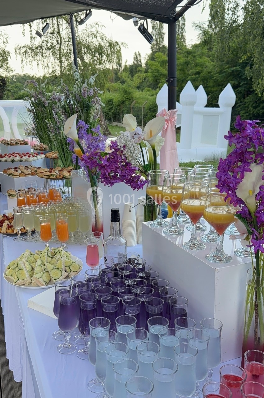 Buffet extérieur avec cocktails colorés, verrines, fleurs violettes et blanches, et décor verdoyant en arrière-plan.
