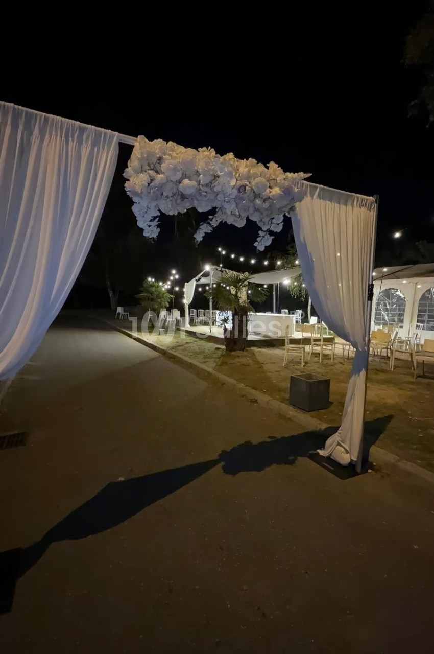 Arche décorée de fleurs blanches et de rideaux, installée en extérieur pour un événement nocturne éclairé.