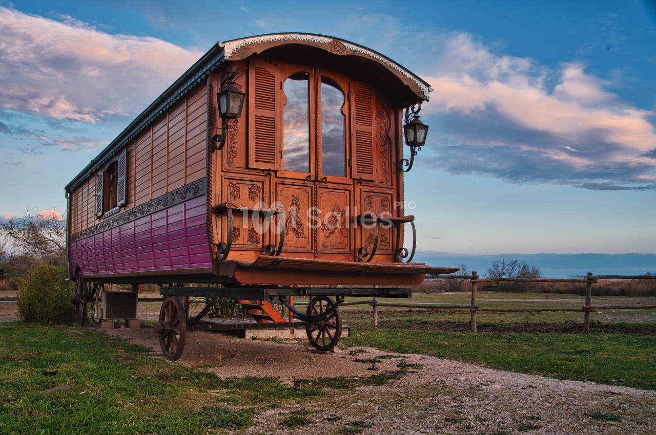 Roulotte en bois colorée stationnée sur un terrain herbeux, entourée d'une clôture et sous un ciel partiellement nuageux.