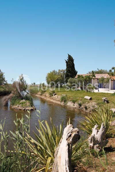 Un petit canal bordé de végétation avec une maison blanche au toit en tuiles sous un ciel bleu.
