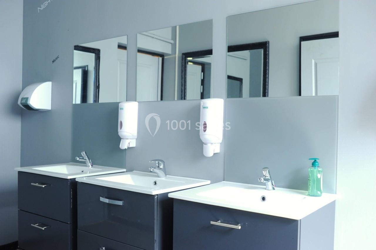 Trois lavabos modernes avec miroirs, distributeurs de savon muraux et un mur gris clair en arrière-plan.