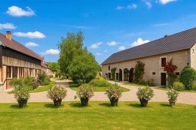 Miniature Location salle Beaulieu-sur-Loire (Loiret) - Domaine des Medards #1 Façade d'une maison à colombages avec jardinières fleuries et un jardin verdoyant au premier plan.