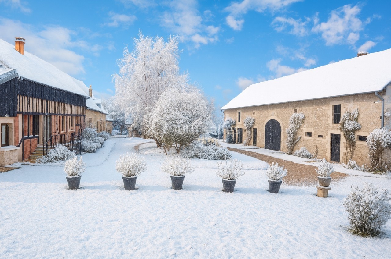 Location salle Beaulieu-sur-Loire (Loiret) - Domaine des Medards #2 Cour d'une ferme traditionnelle enneigée, entourée de bâtiments en pierre et d'arbres givrés sous un ciel bleu.
