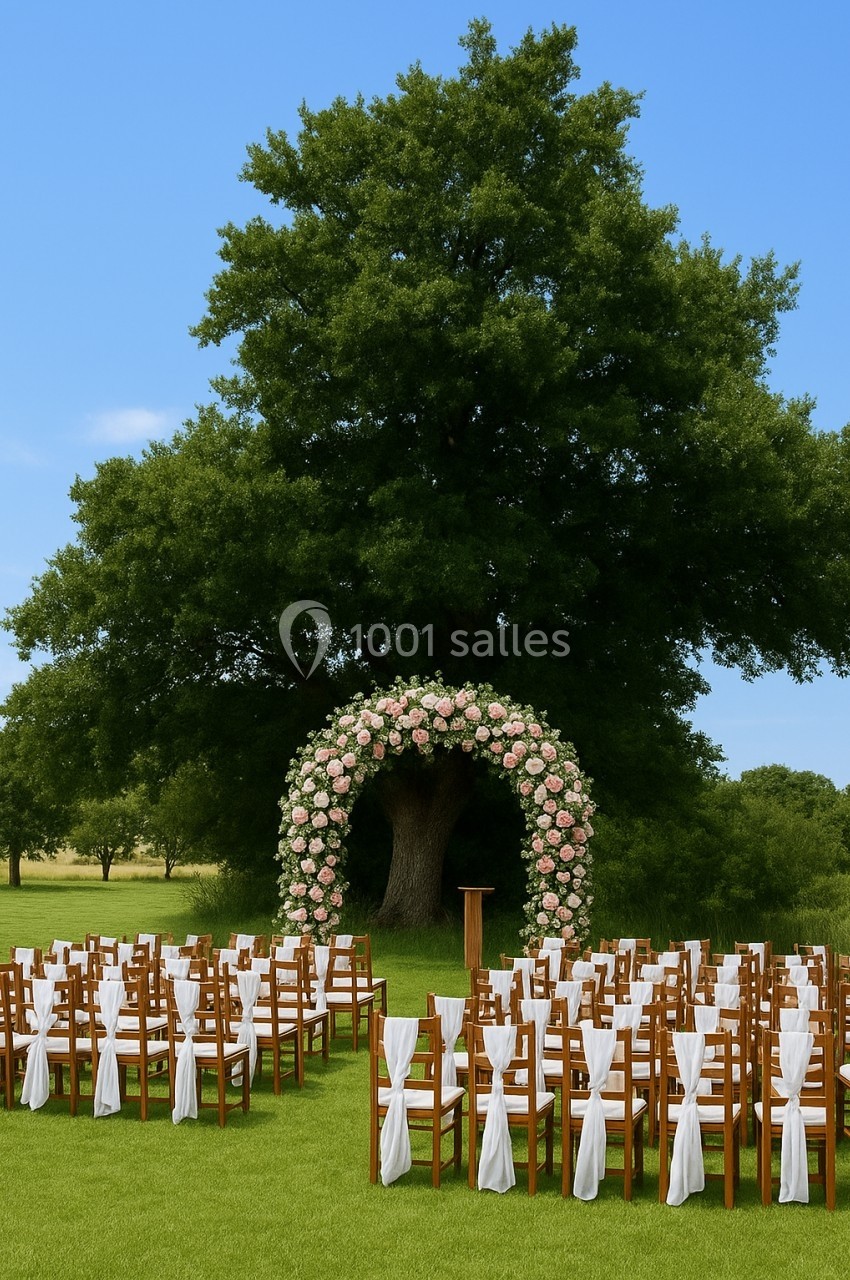 Location salle Beaulieu-sur-Loire (Loiret) - Domaine des Medards #3 Chaises alignées devant une arche fleurie sous un grand arbre, préparées pour une cérémonie en plein air.