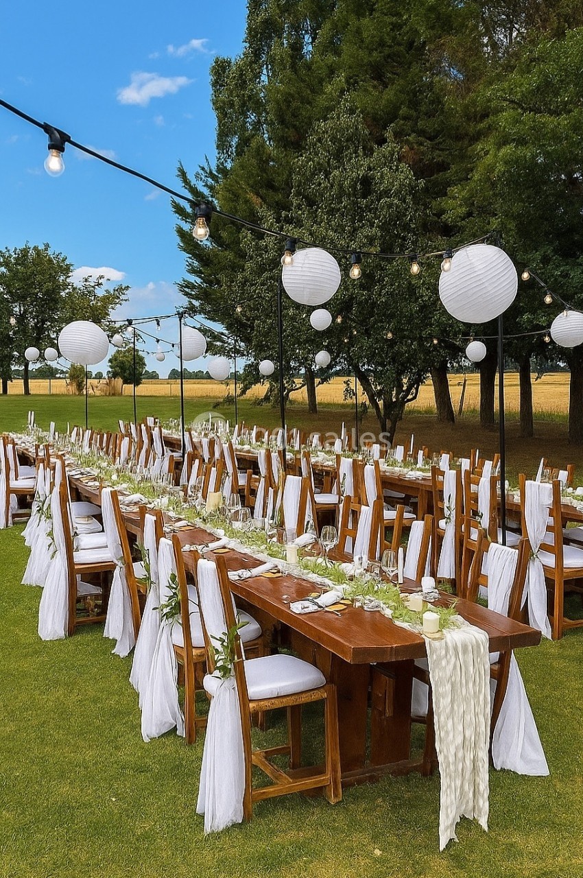 Location salle Beaulieu-sur-Loire (Loiret) - Domaine des Medards #4 Tables en bois décorées de nappes blanches et lanternes suspendues, disposées en extérieur sur une pelouse.