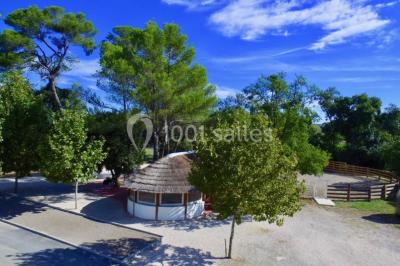 Miniature Location salle Le Crès (Hérault) - Domaine du Mas du Pont #4 Un couple en tenue de mariage pose devant un groupe de cavaliers alignés sur des chevaux dans un espace verdoyant.