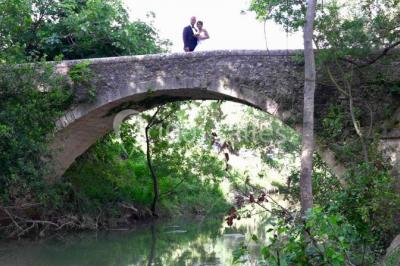 Miniature Location salle Le Crès (Hérault) - Domaine du Mas du Pont #15 Un couple en tenue de mariage pose devant un groupe de cavaliers alignés sur des chevaux dans un espace verdoyant.