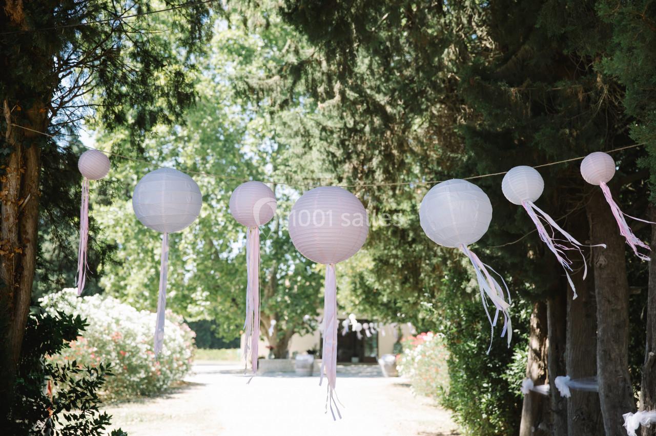 Lampions blancs suspendus entre des arbres dans un jardin ensoleillé, avec des rubans flottants.