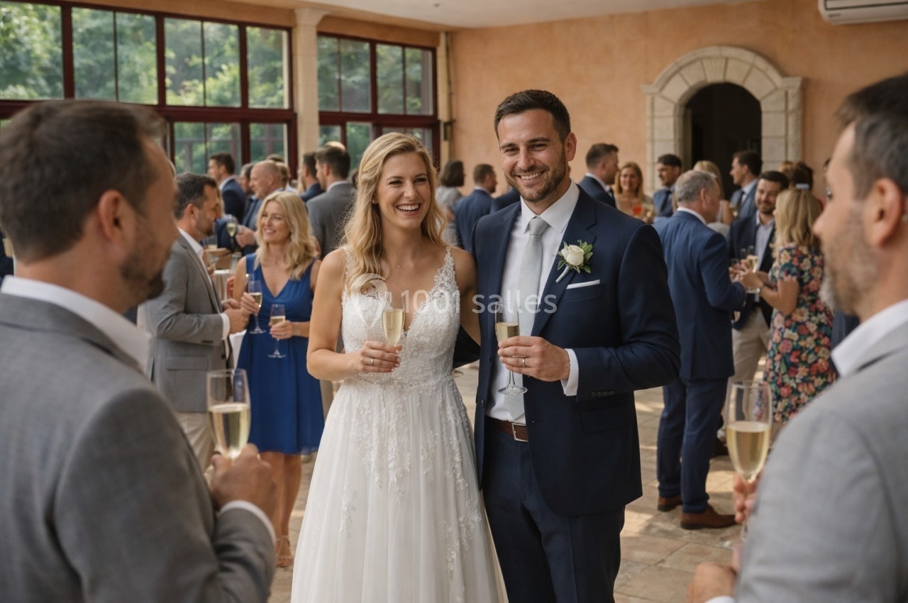 Un couple souriant en tenue de mariage trinque avec des invités dans une salle lumineuse.