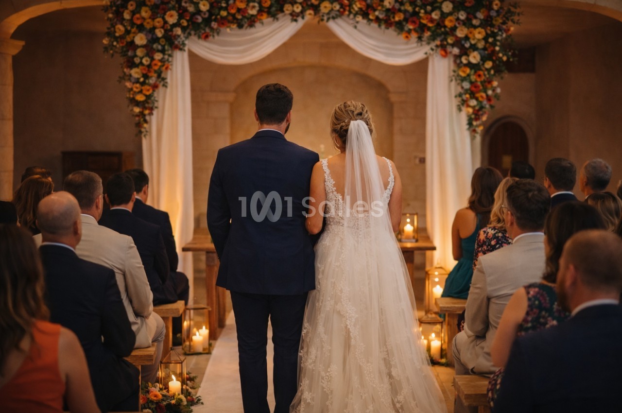Un couple de mariés debout devant un autel décoré de fleurs, entouré d'invités assis dans une salle éclairée aux bougies.